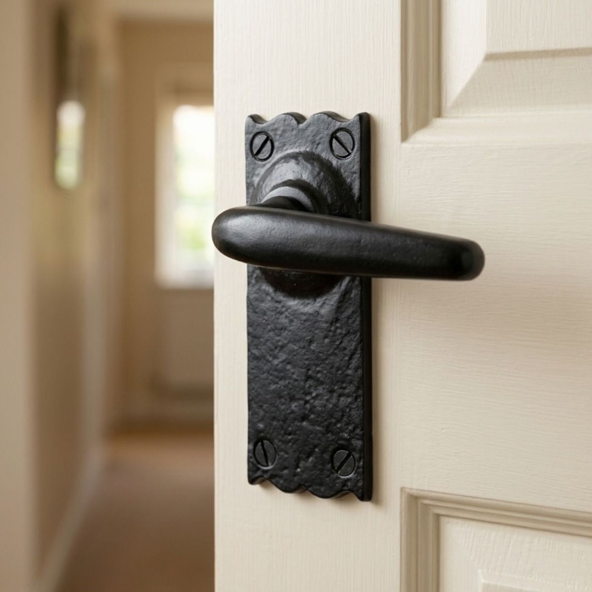 The "English Oak" Lever Latch Set on a White Hallway Door - Digital Illustration