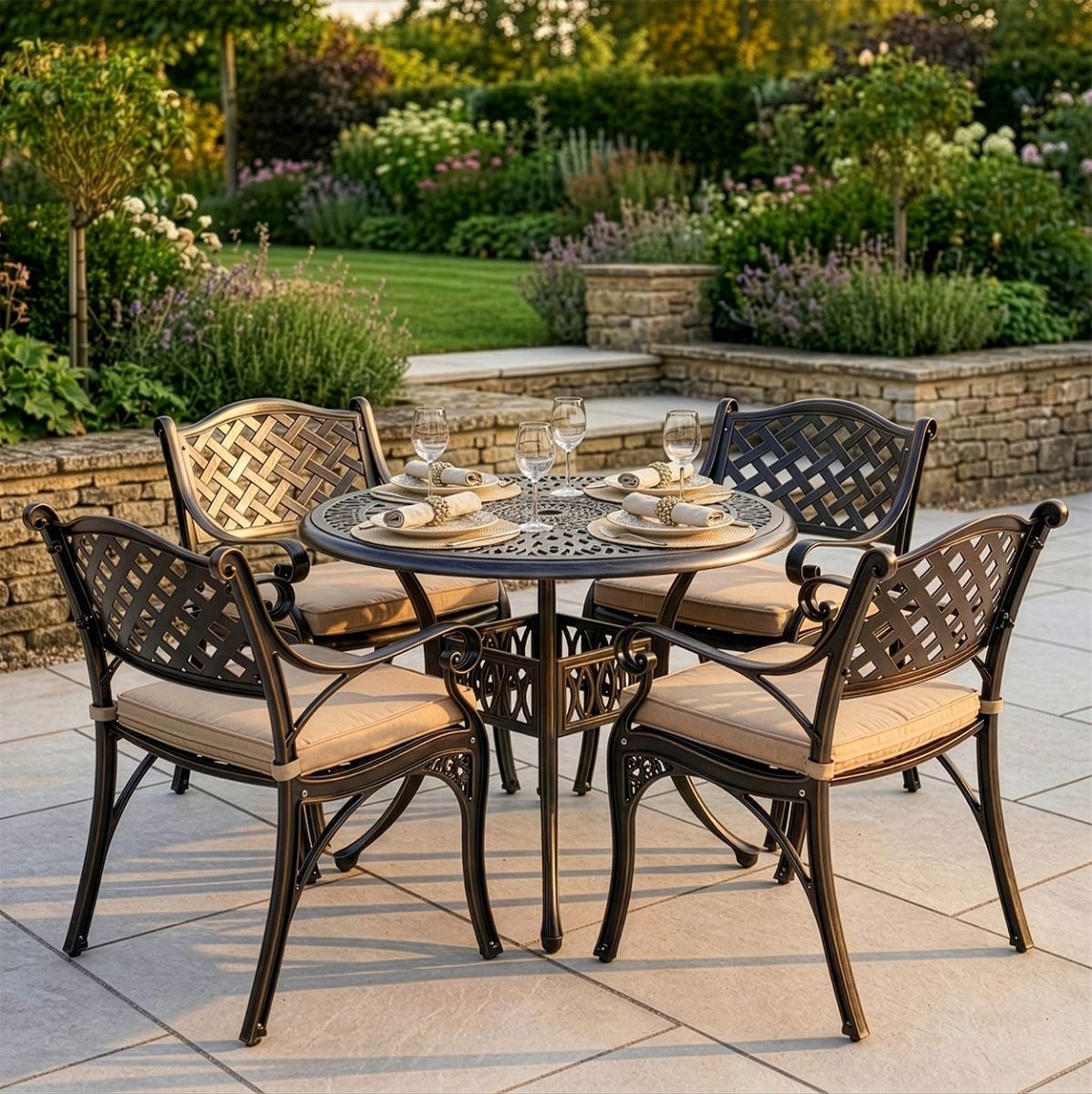 The "Farleigh" 4-Seater Garden Dining Set - Antique Bronze digital illustration dressed table