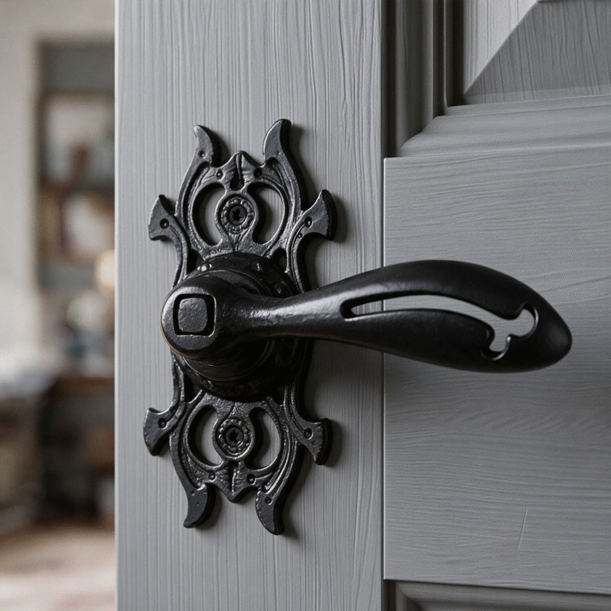 The "Gaudi" Ornate Gothic Iron Door Handles on a Grey Door in a Contemporary Home - Digital Illustration