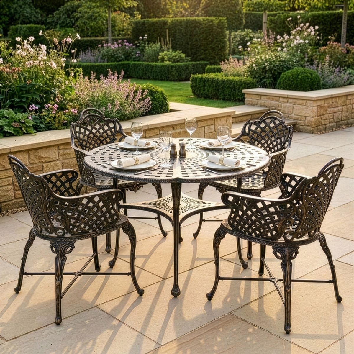 The "Giverny" 4-Seater Garden Dining Set - Antique Gold digital illustration dressed table