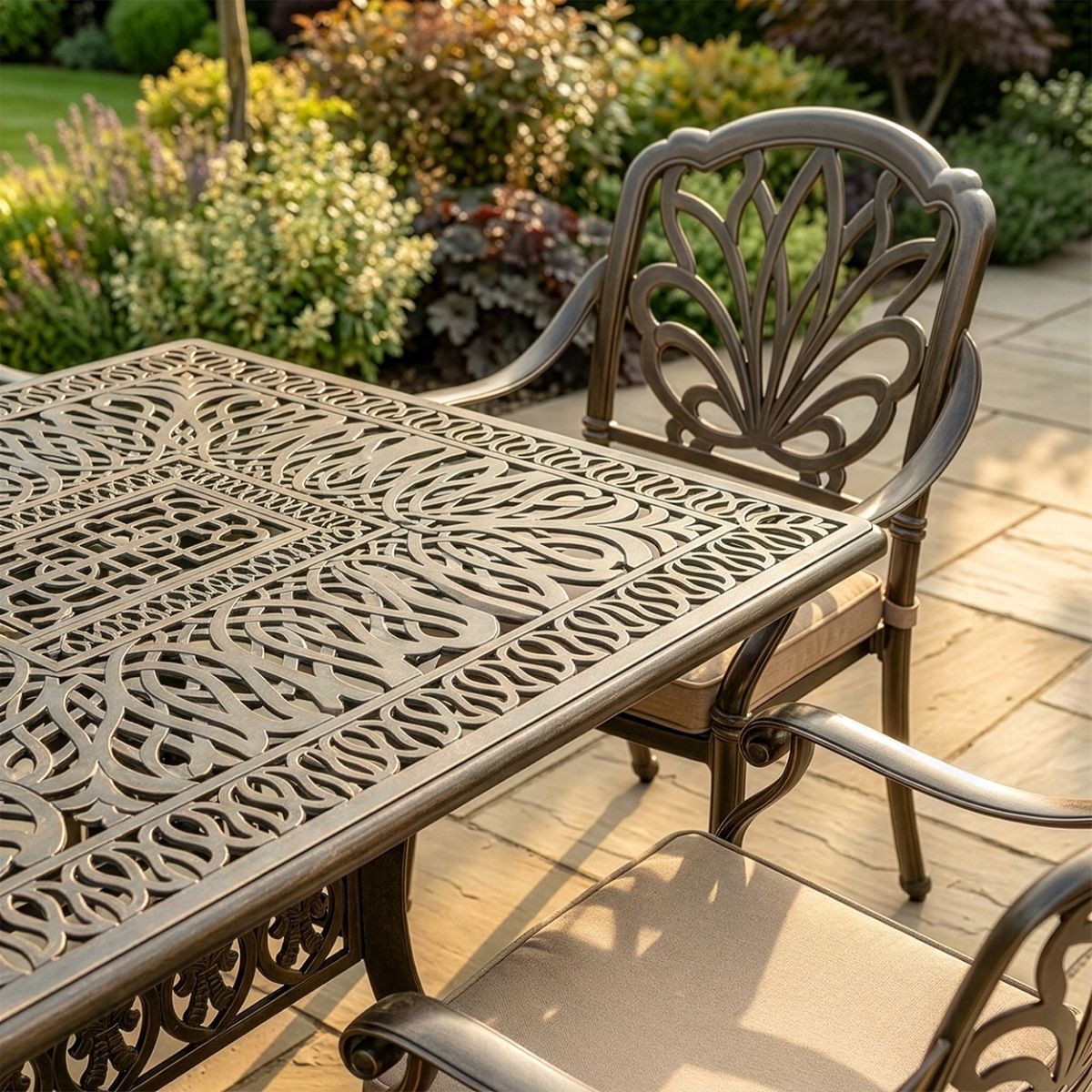 The "Goliath" 8-Seater Outdoor Dining Set - Antique Bronze digital illiustration close up of table top copy