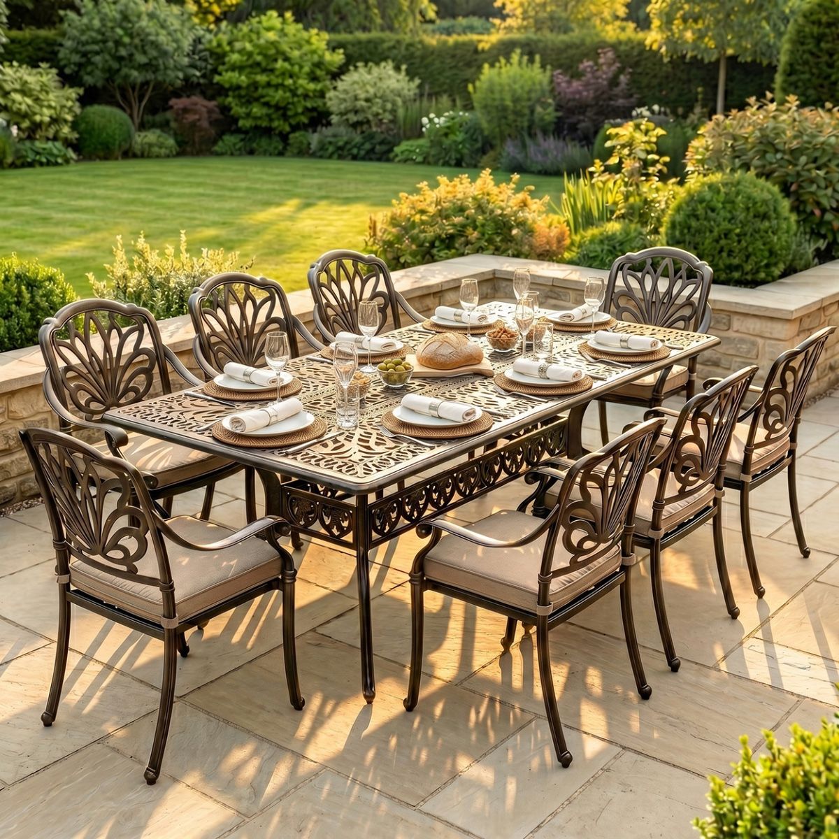 The "Goliath" 8-Seater Outdoor Dining Set - Antique Bronze digital illiustration dressed table