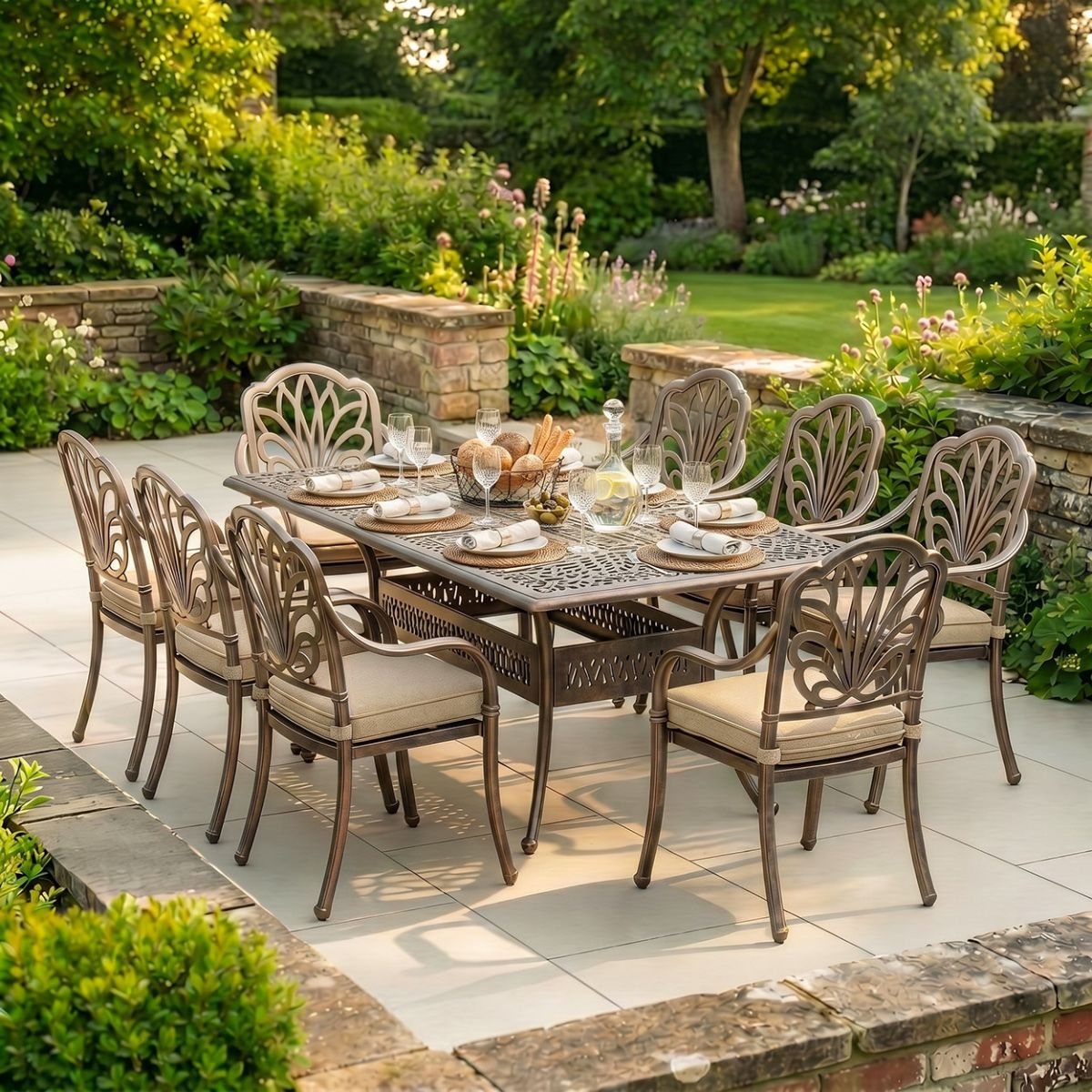 The "Goliath" 8-Seater Outdoor Dining Set - Antique Bronze digital illiustration dressed table