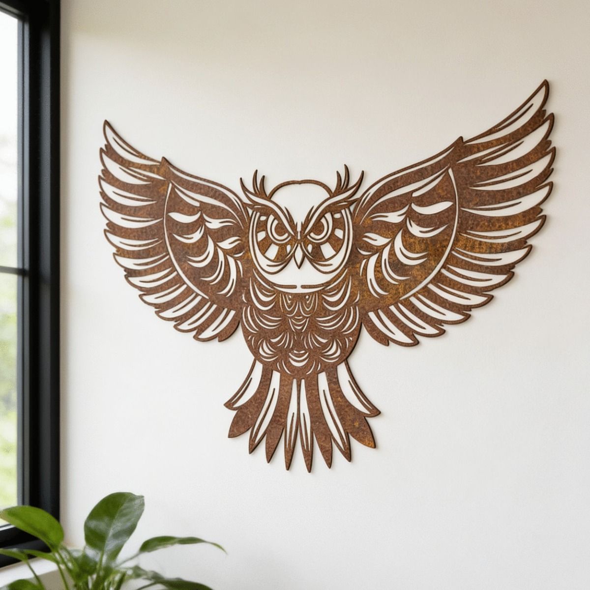 The "Great Horned Owl" Rustic Wall Art Displayed on a Wall Next to a Living Room Window and House Plants - Digital Illustration