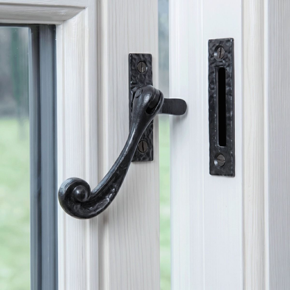 The "Harmony Manor" Window Fastener Mounted on a Classic White Window Frame - Digital Illustration 