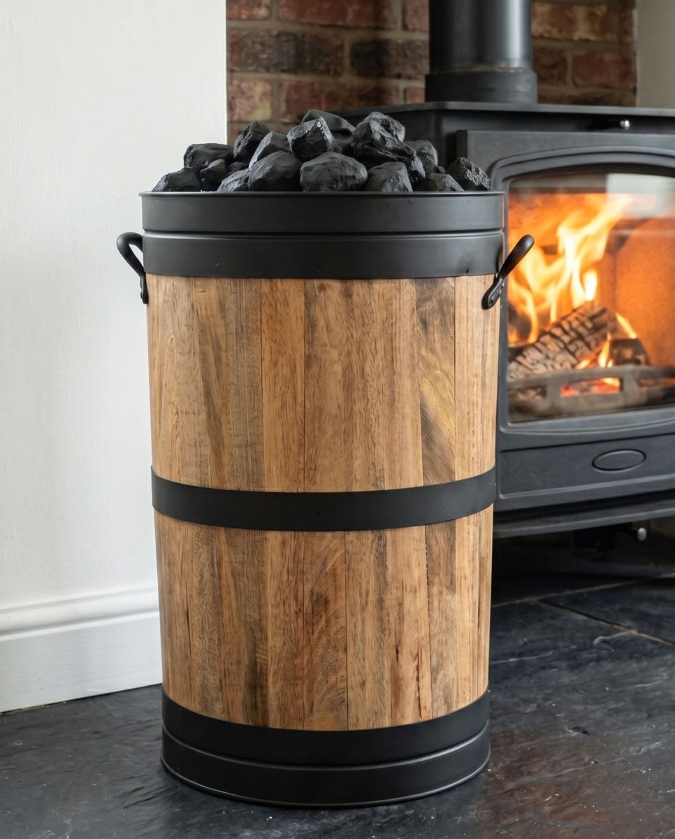 The "Hofburg" Log or Coal Basket Placed in a Modern Living Room in Front of a Lit Logburner - Digital Illustration 