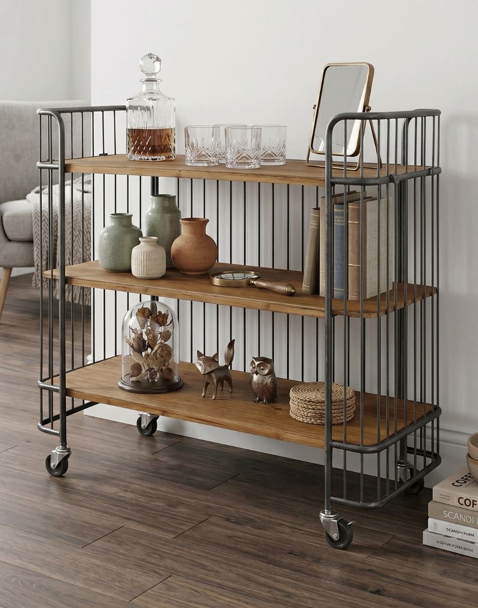 The "Holmes" Industrial Trolley Shelving Unit in a Modern Living Room Interior - Digital Illustration 