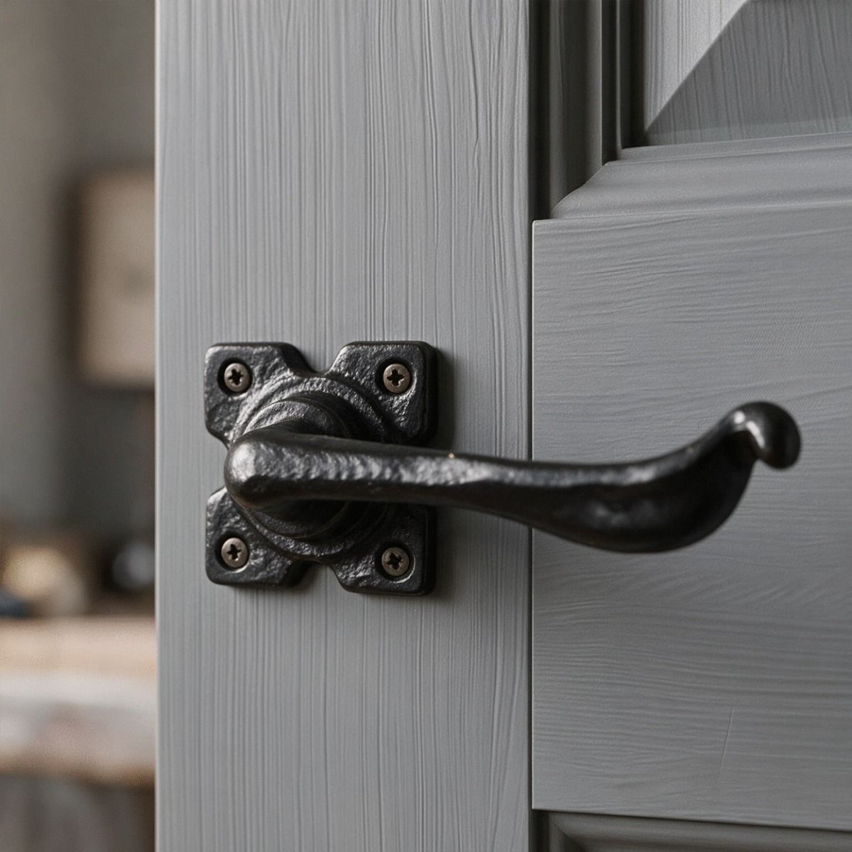 The "Hulmrood" Iron Lever Handle on a Light Grey Door in a Modern Interior Setting - Digital Illustration