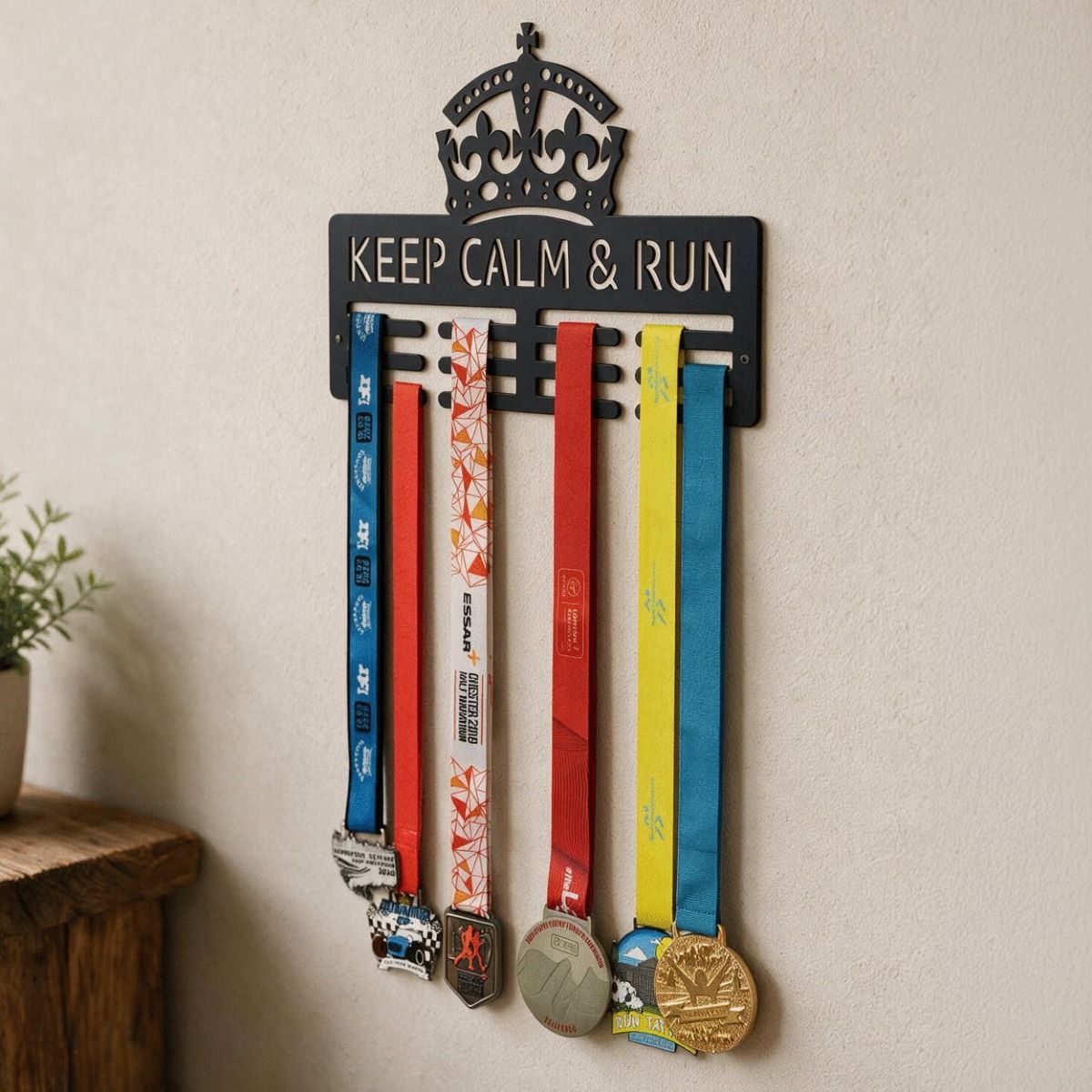 The "Keep Calm and Run" Sports Medal Hanger Fitted on a Wall Next to a Cabinet in a LivingRoom - Digital Illustration