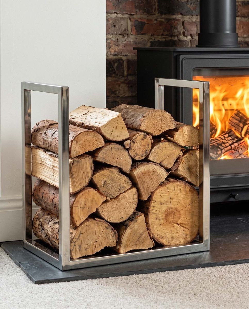 The "Kresling Hall" Stainless Steel Log Store  on a Stone Hearth in a Modern Living Room Setting - Digital Illustration