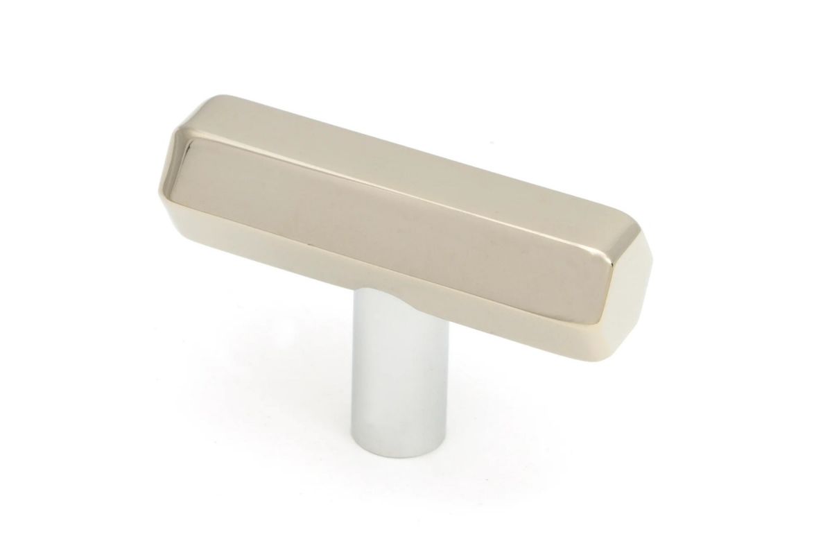 The "Lexington" Hex T-Bar Cabinet Handle in a Polished Nickel Finish on a White Background Displayed at an Angle 