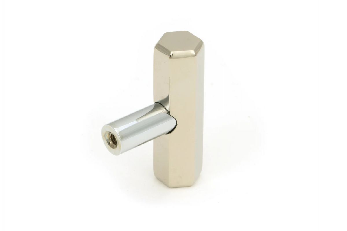 The "Lexington" Hex T-Bar Cabinet Handle in a Polished Nickel Finish on a White Background Displayed From Behind