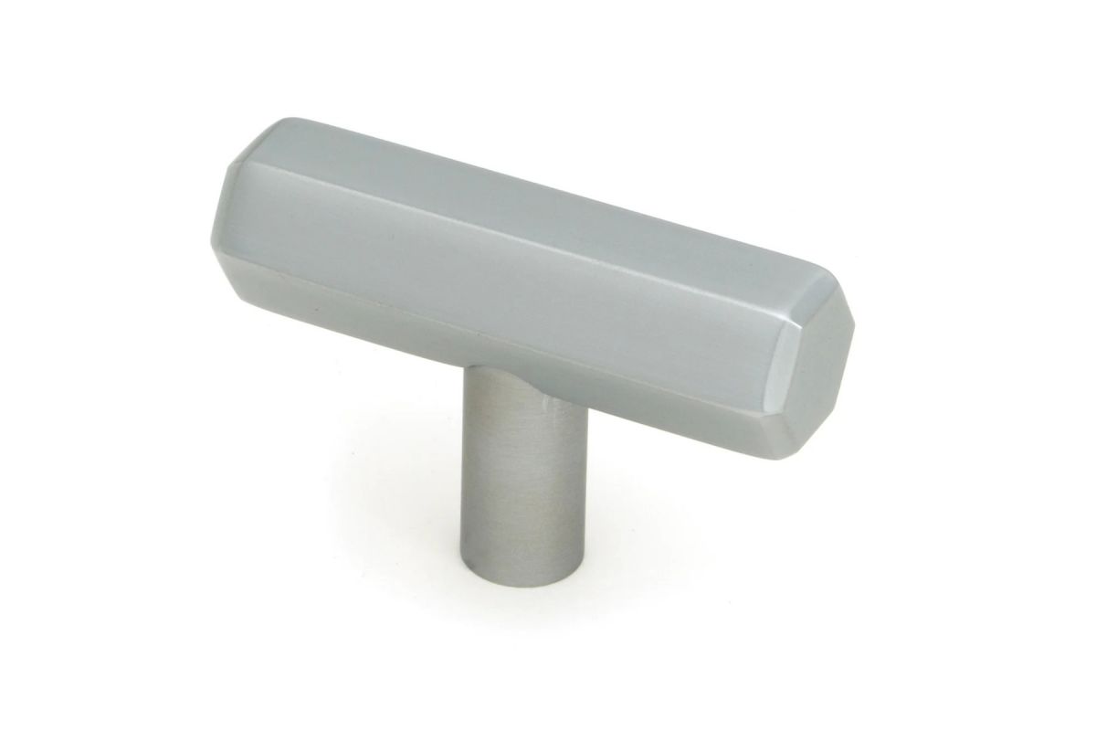 The "Lexington" Hex T-Bar Cabinet Handle in a Satin Chrome Finish on a White Background Displayed at an Angle 