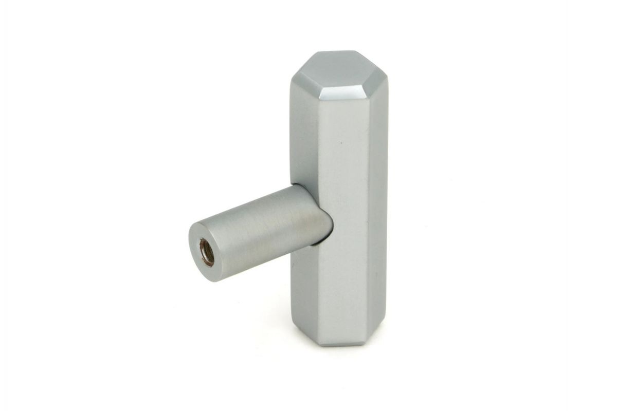 The "Lexington" Hex T-Bar Cabinet Handle in a Satin Chrome Finish on a White Background Displayed From Behind