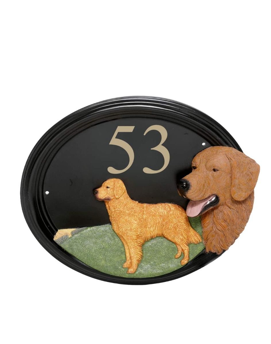 The "Lincoln" Hand Painted Golden Retreiver House Plaque on a White Background 