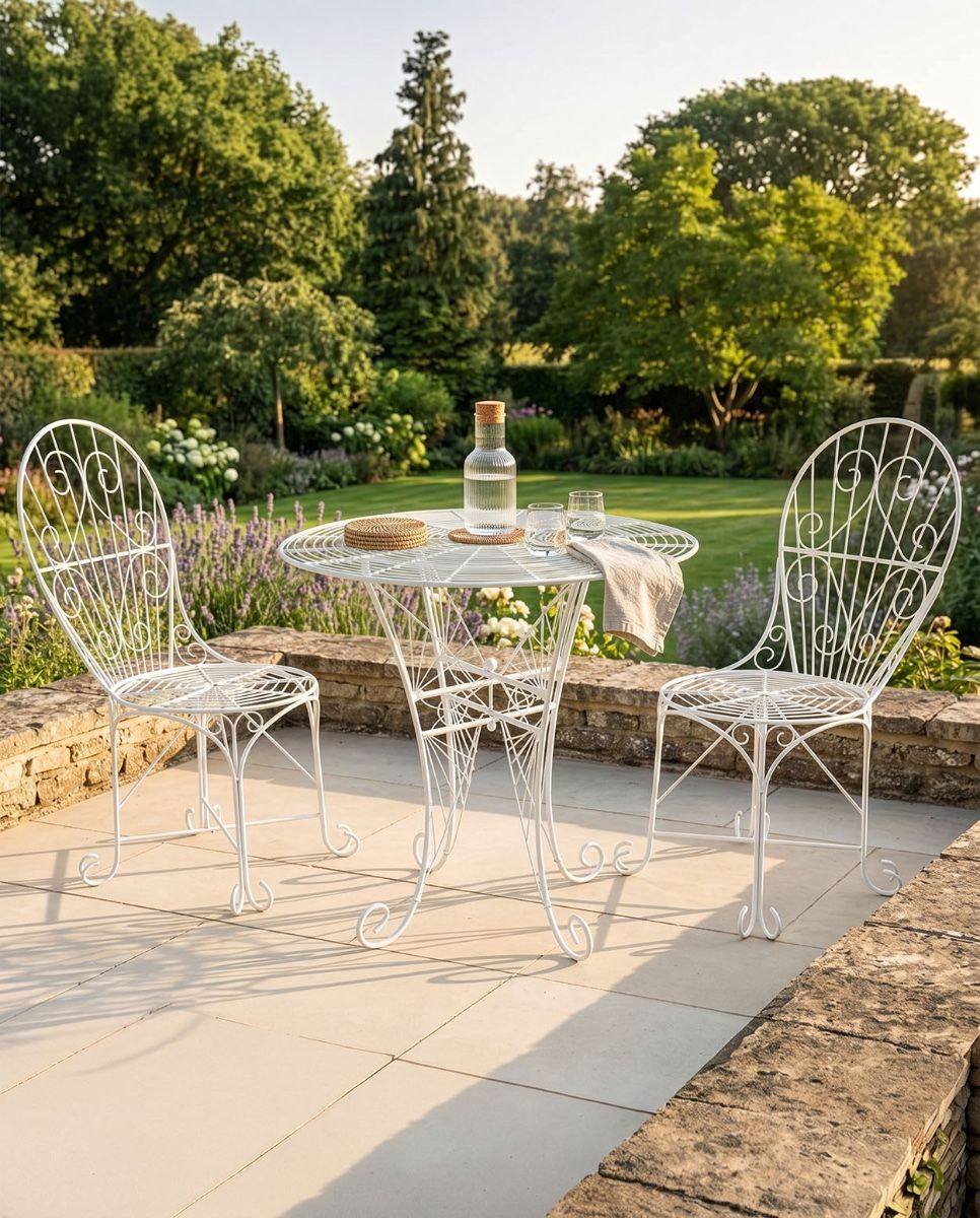 The "Maddie’s Picnic" 2-Seater Garden Dining Set in Situ in the Garden. digital illustration dressed table