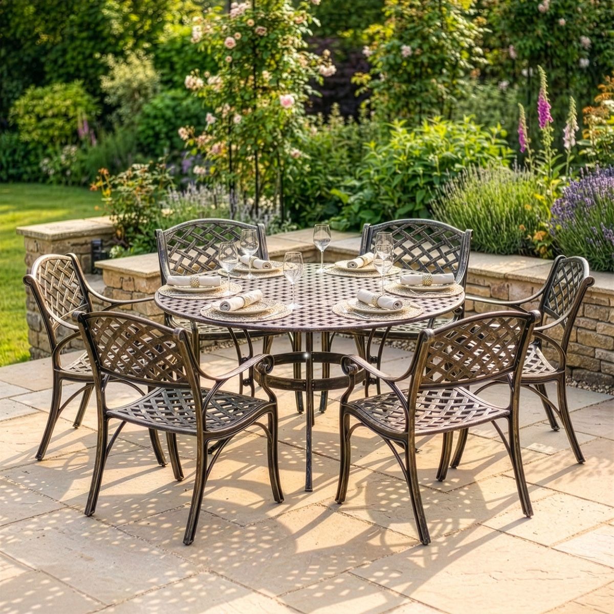 The "Manhattan" 6-Seater Dining Set - Antique Gold digital illustration