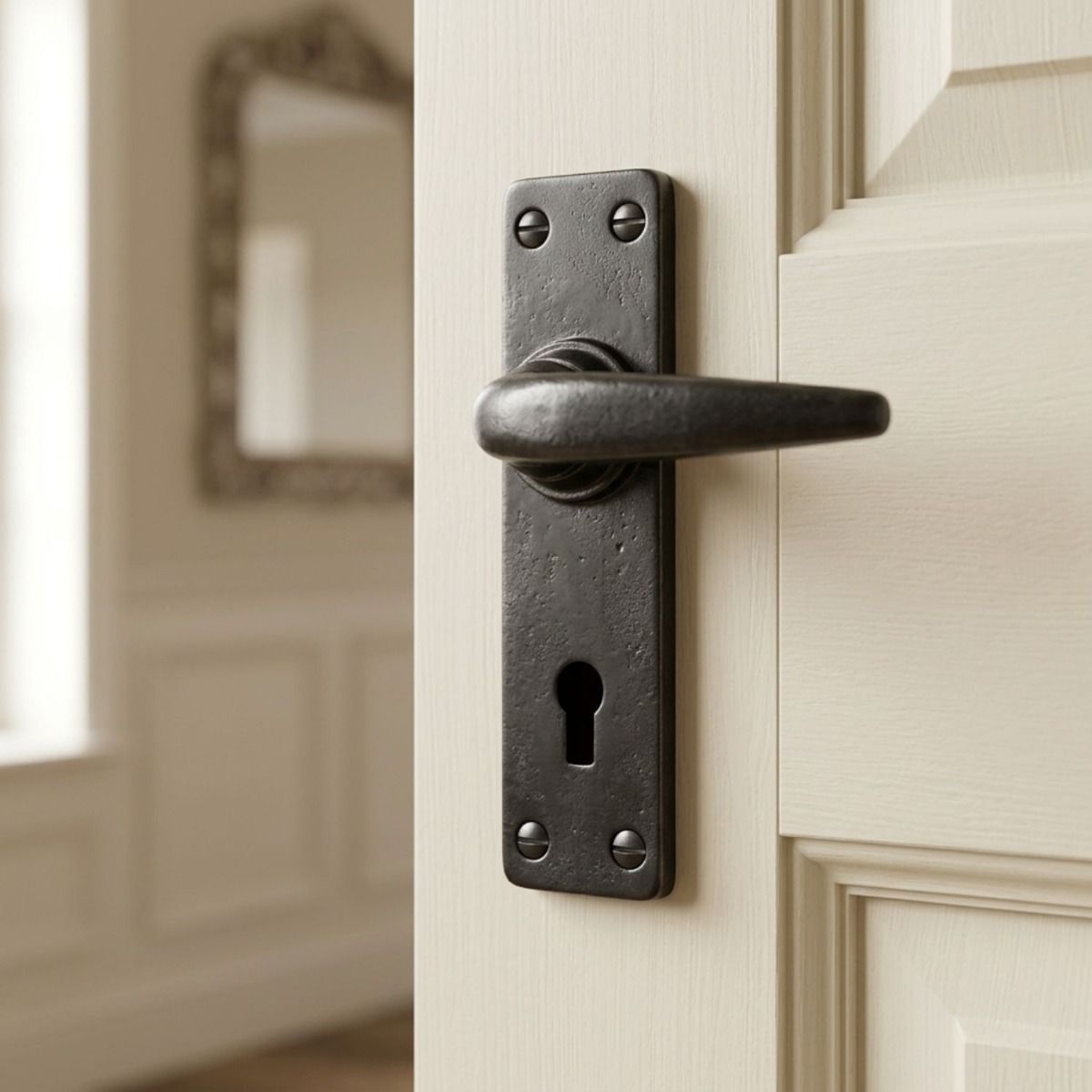 The "Marcello" Smooth Lever Lock Set  in a Period Home on a White Wooden Door - Digital Illustration
