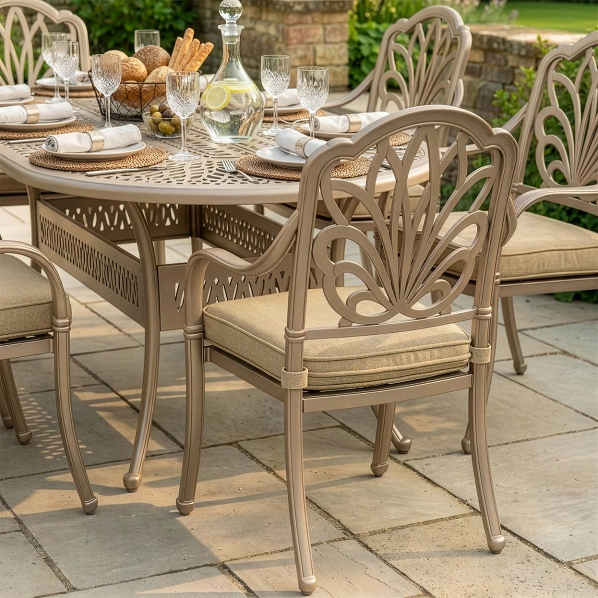 The "Marianne" 8-Seater Outdoor Dining Set - Antique Champagne digital illustration dressed table close up