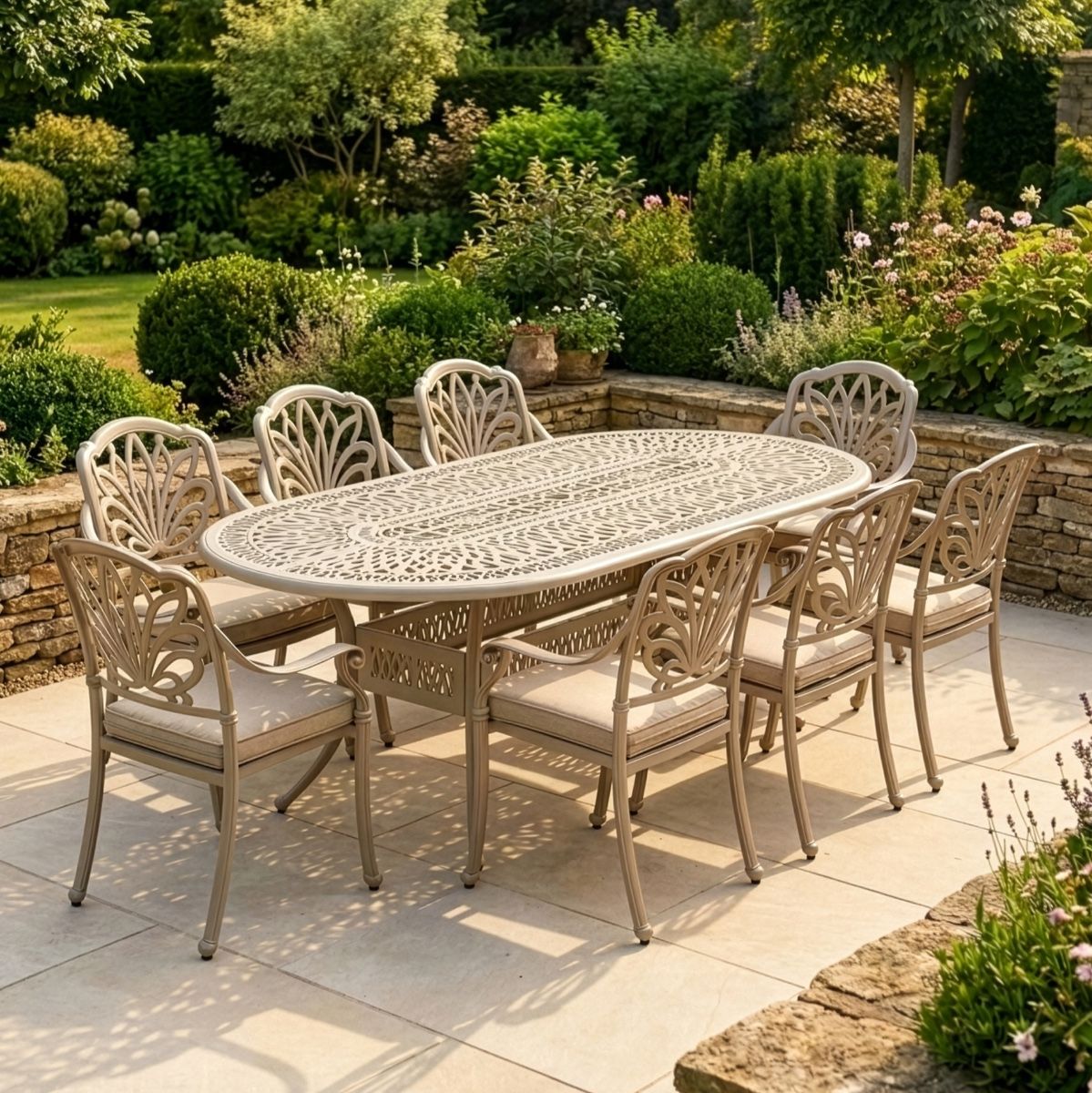 The "Marianne" 8-Seater Outdoor Dining Set - Antique Champagne digital illustration new