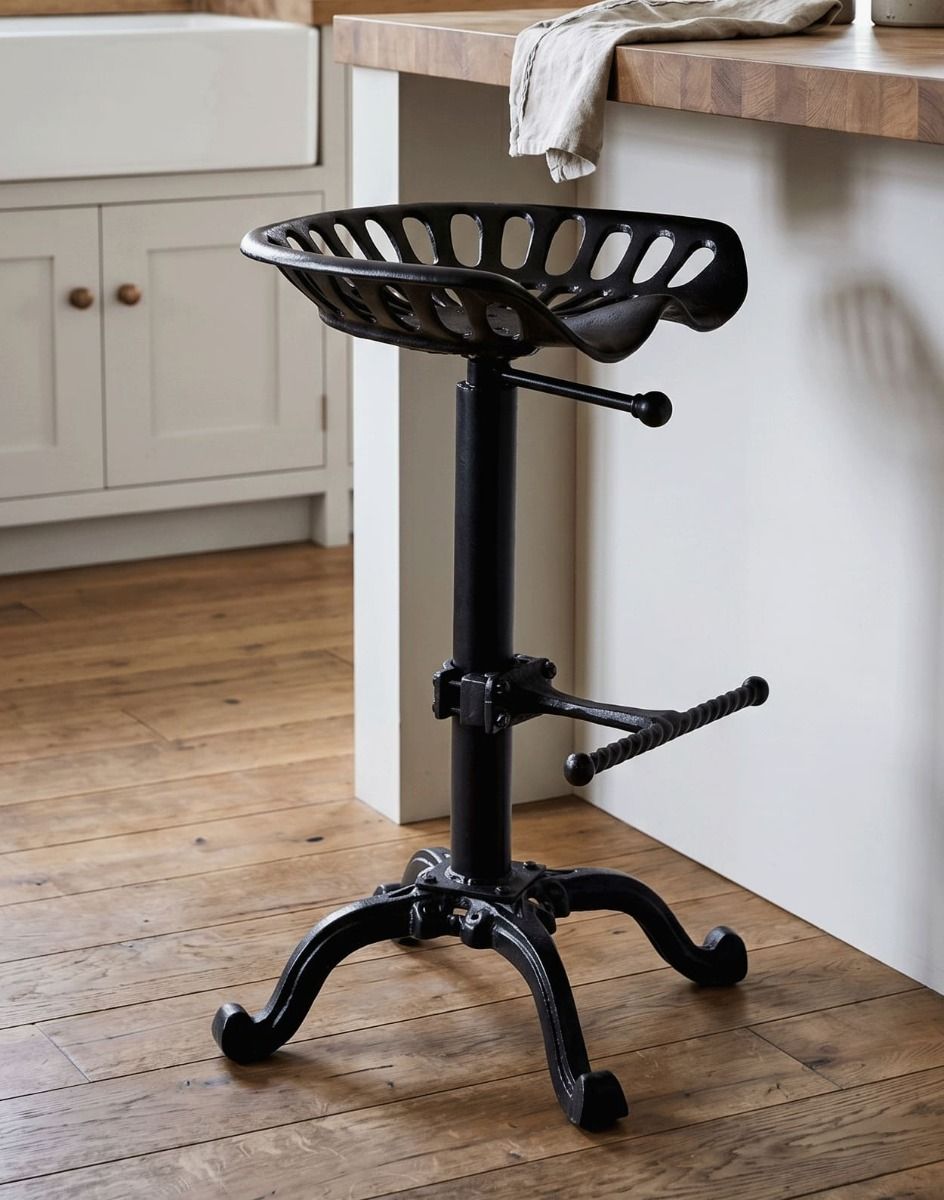 The "McKinley" Black Deluxe Complete Tractor Seat in a Contemporary Wooden Kitchen - Digital Illustration 