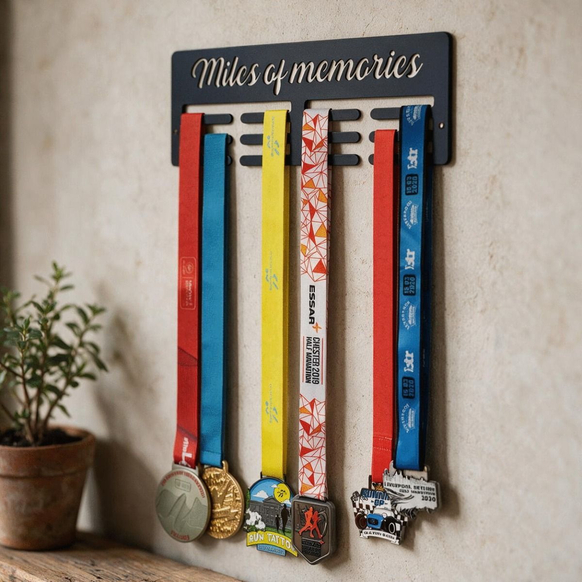 The "Miles of Memories" Sports Medal Hanger Displayed above a Cabinet in a Modern Home - Digital Illustration