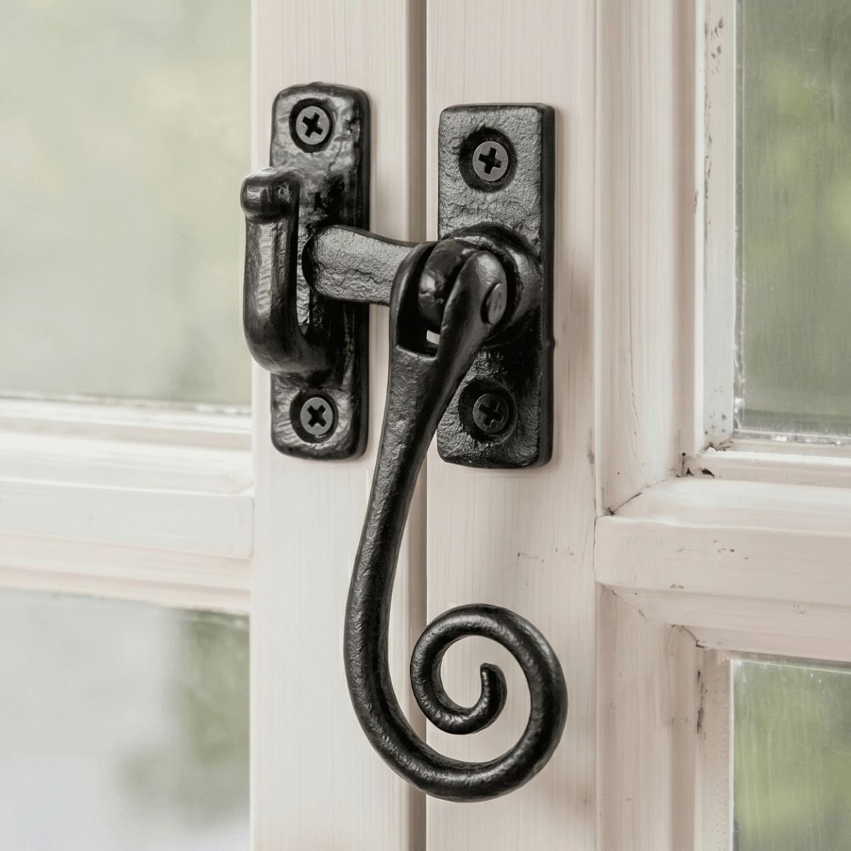 The "Netherby" Monkey Tail Casement Stay Fitted on a Handpainted White Window Frame - Digital Illustration