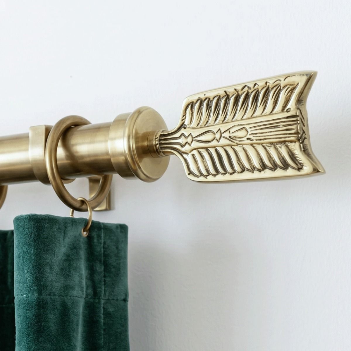 The "Nottingham Fletch" Curtain Finial Mounted on a Matching Curtain Pole in a Contemporary Living Room Shown Close up- Digital Illustration 