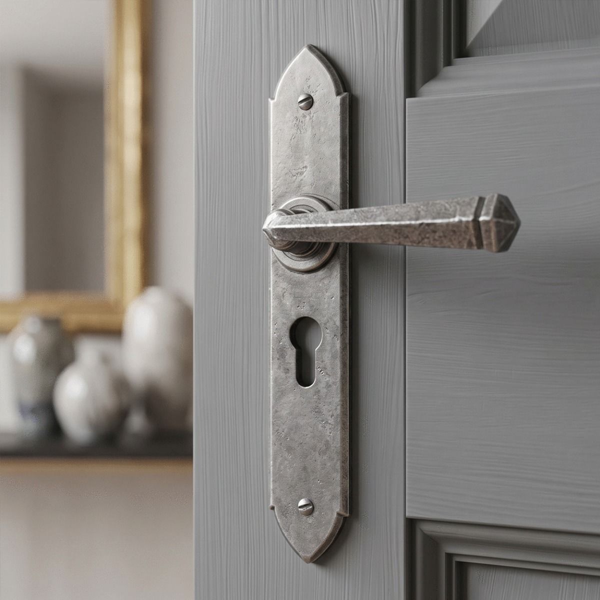 The "Orelia" Pewter Gothic Lever Euro Lock Set  on a Light Grey Door in an Interior Setting - Digital Illustration