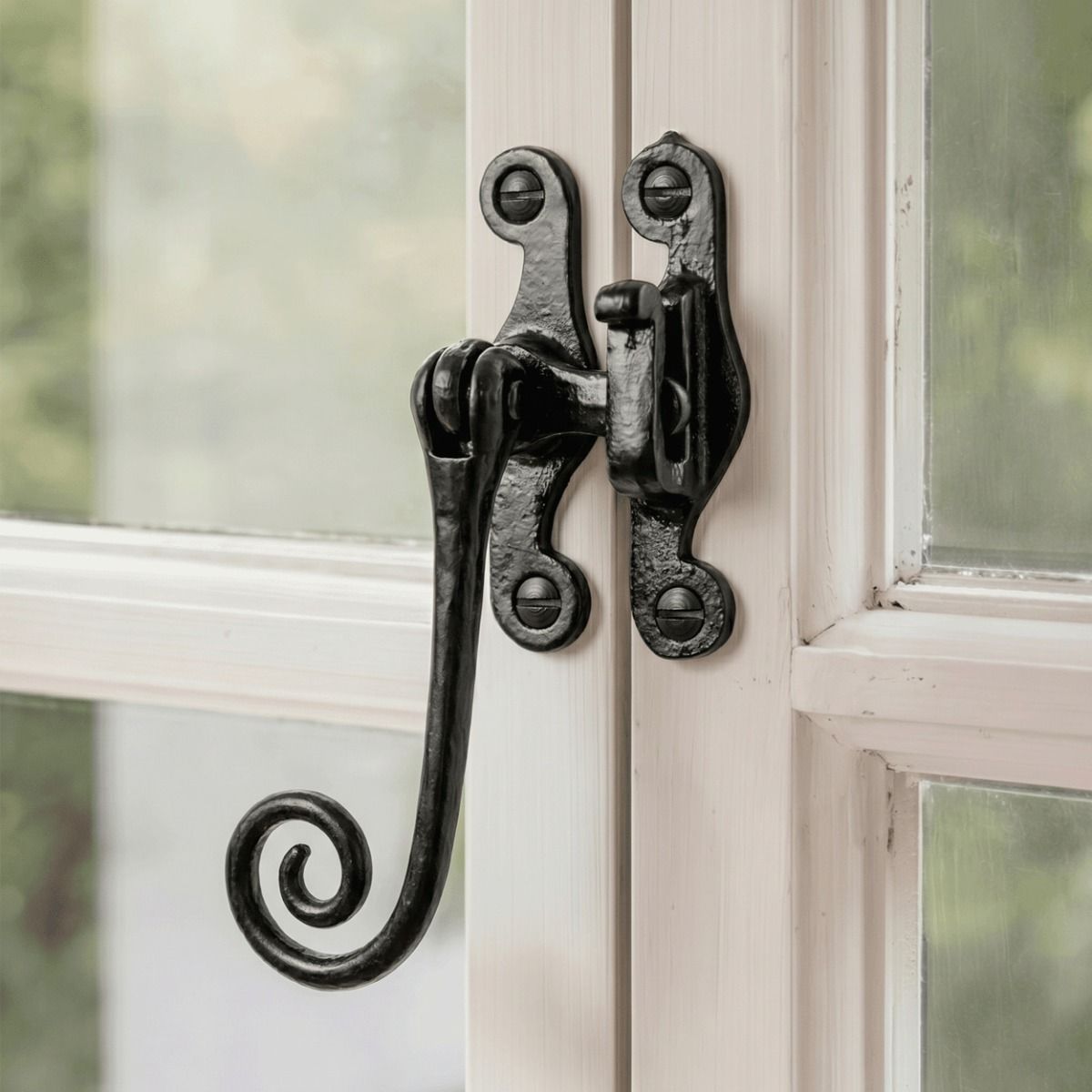 The "Padmoore" Iron Casement Stay Fitted on a Classic White Wooden Window Frame - Digital Illustration 