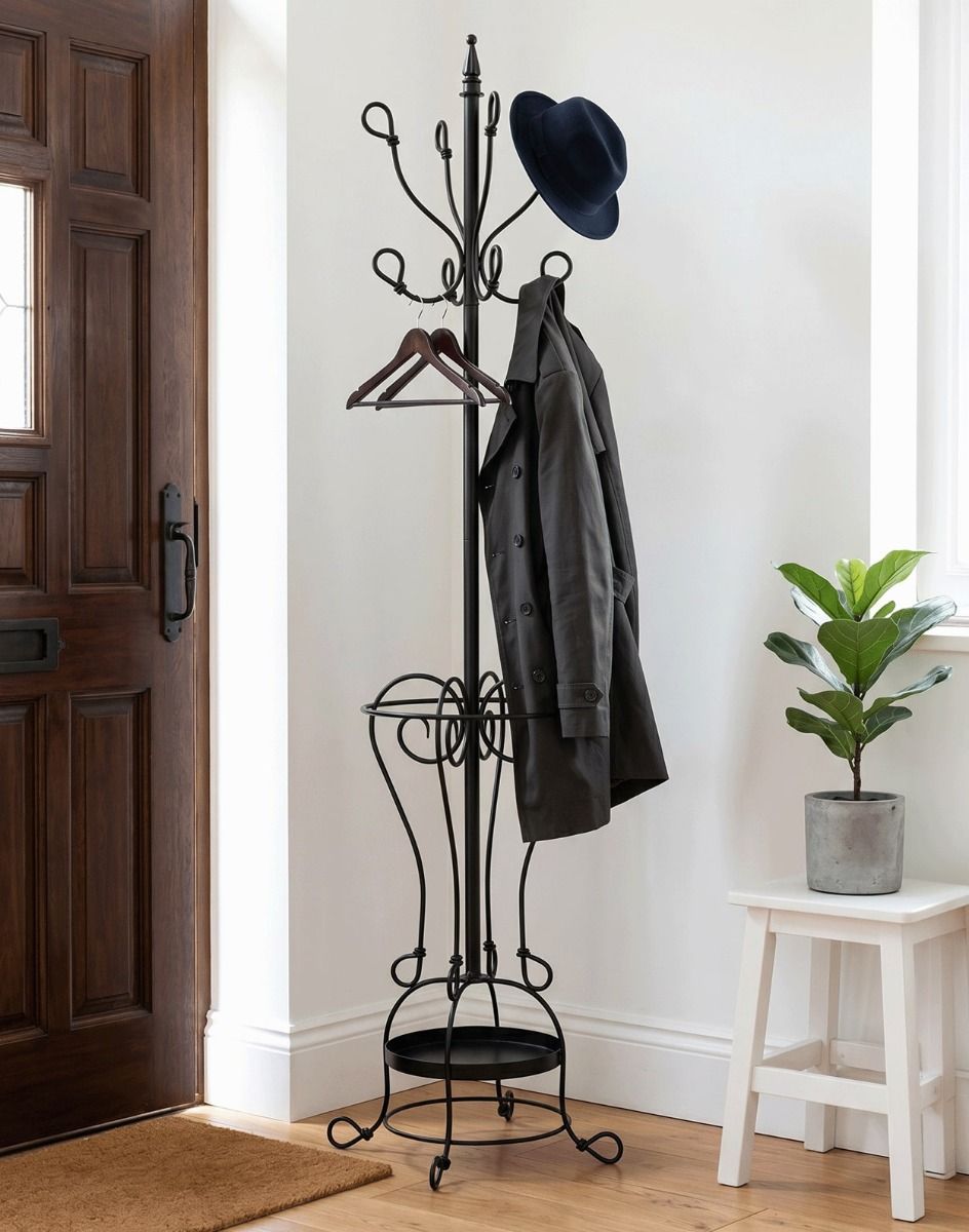 The "Parker" Black Hallway Butler Hat and Coat Stand in a Modern Entrance Hallway - Digital Illustration