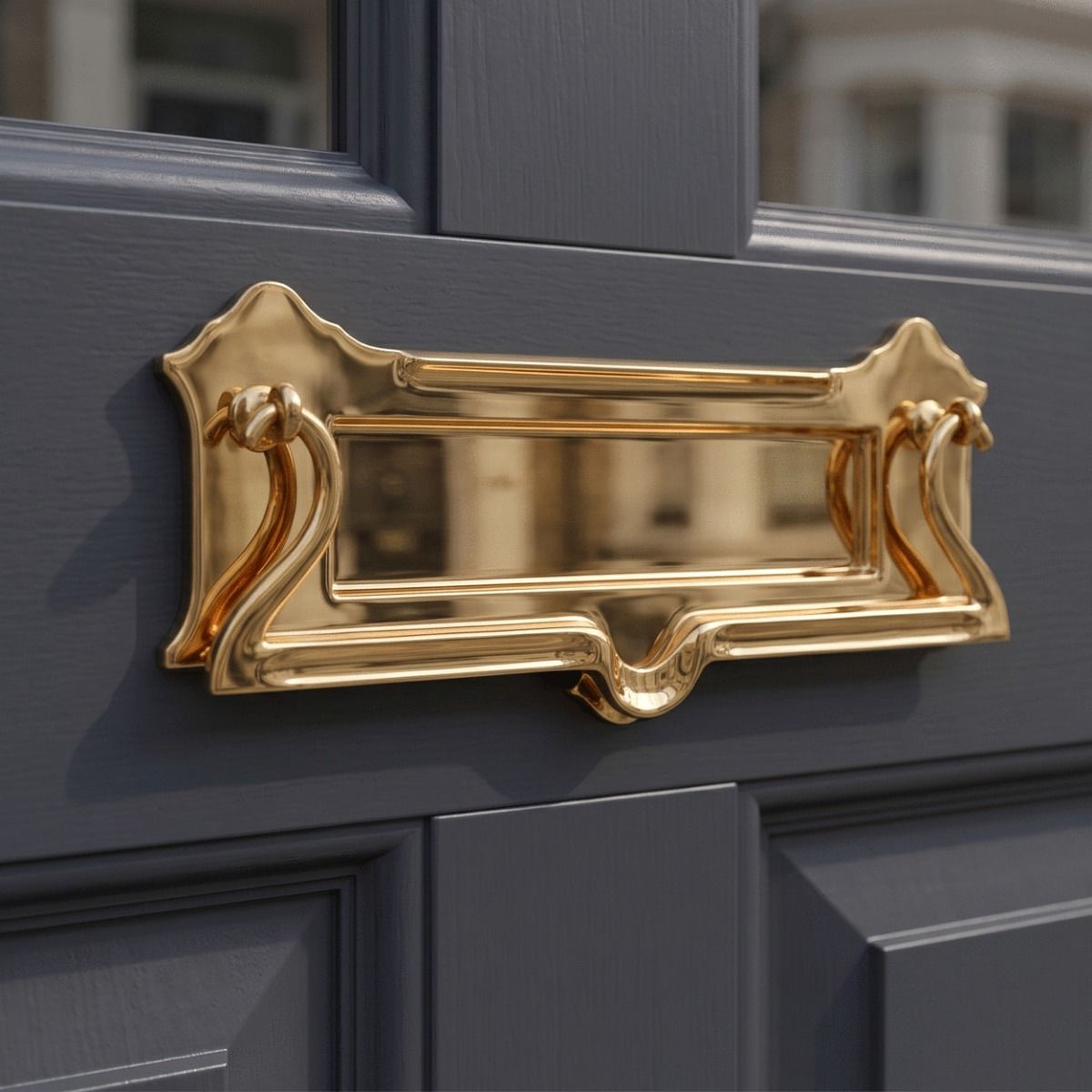 The "Pembroke House" Polished Brass Letterplate with Door Knocker on a Dark Grey Door on the Front of a House