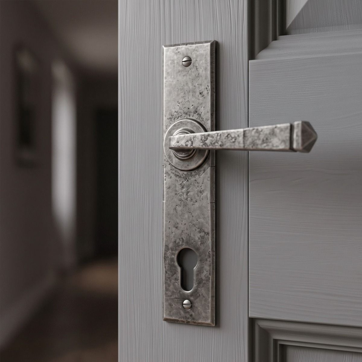 The "Ravenscroft" Pewter Lever Espagnolette Lock Set Unsprung  Shown Up Close in a Home Hallway on a Door - Digital Illustration