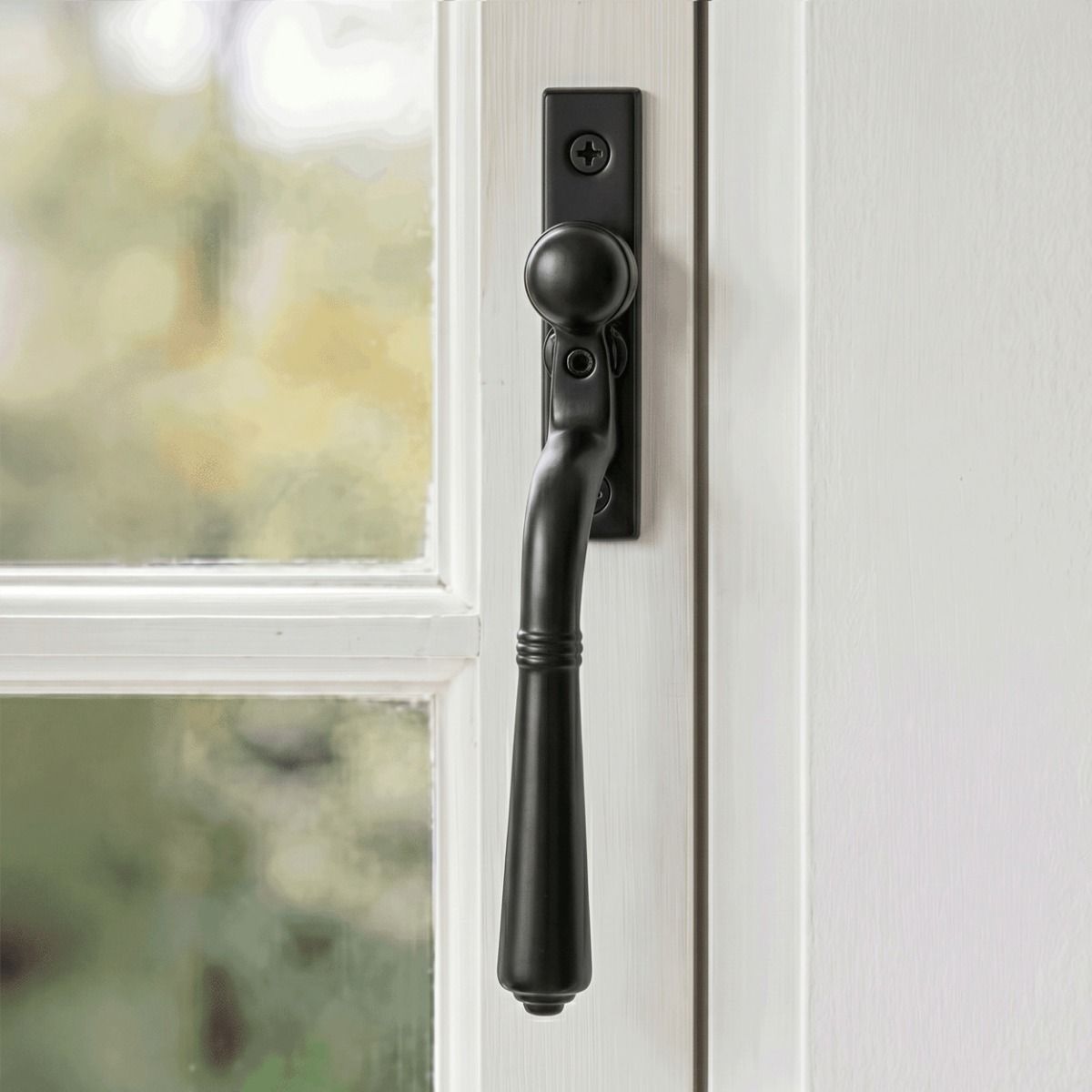 The "Regency" Teardrop Espagnolette Window Fastener Fitted on a Classic White Window Frame in a Country Home - Digital Illustration