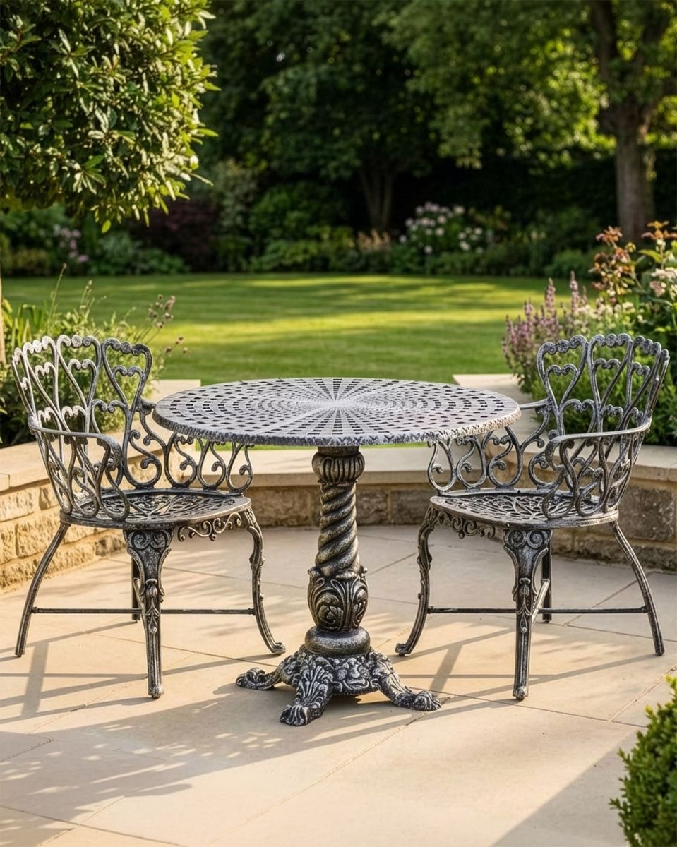 The "Royal Ascott" 2-Seater Outdoor Bistro Set - Antique Silver digital illustration