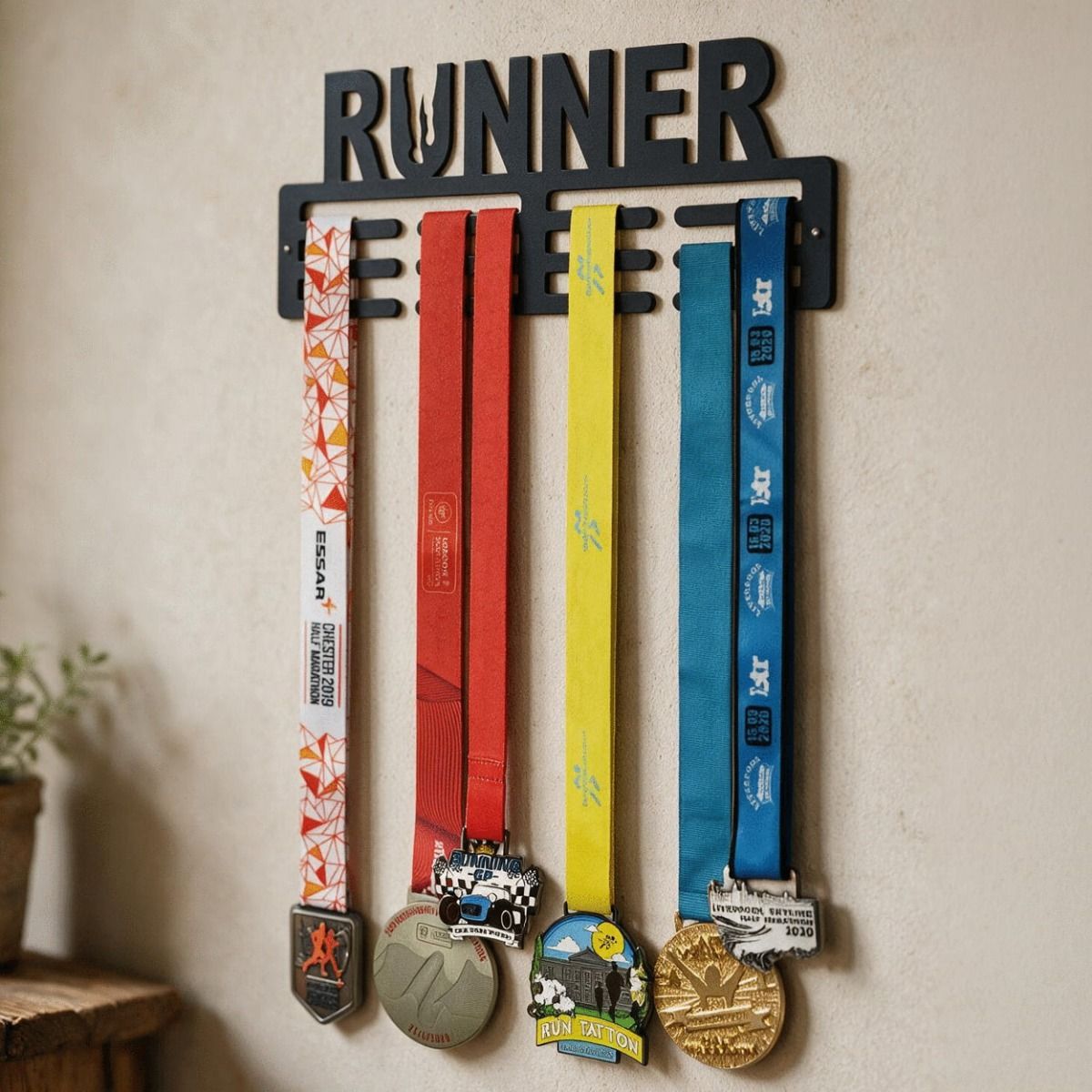 The "Runner" Sports Medal Hanger Mounted on a Wall in a Modern Interior Setting - Digital Illustration