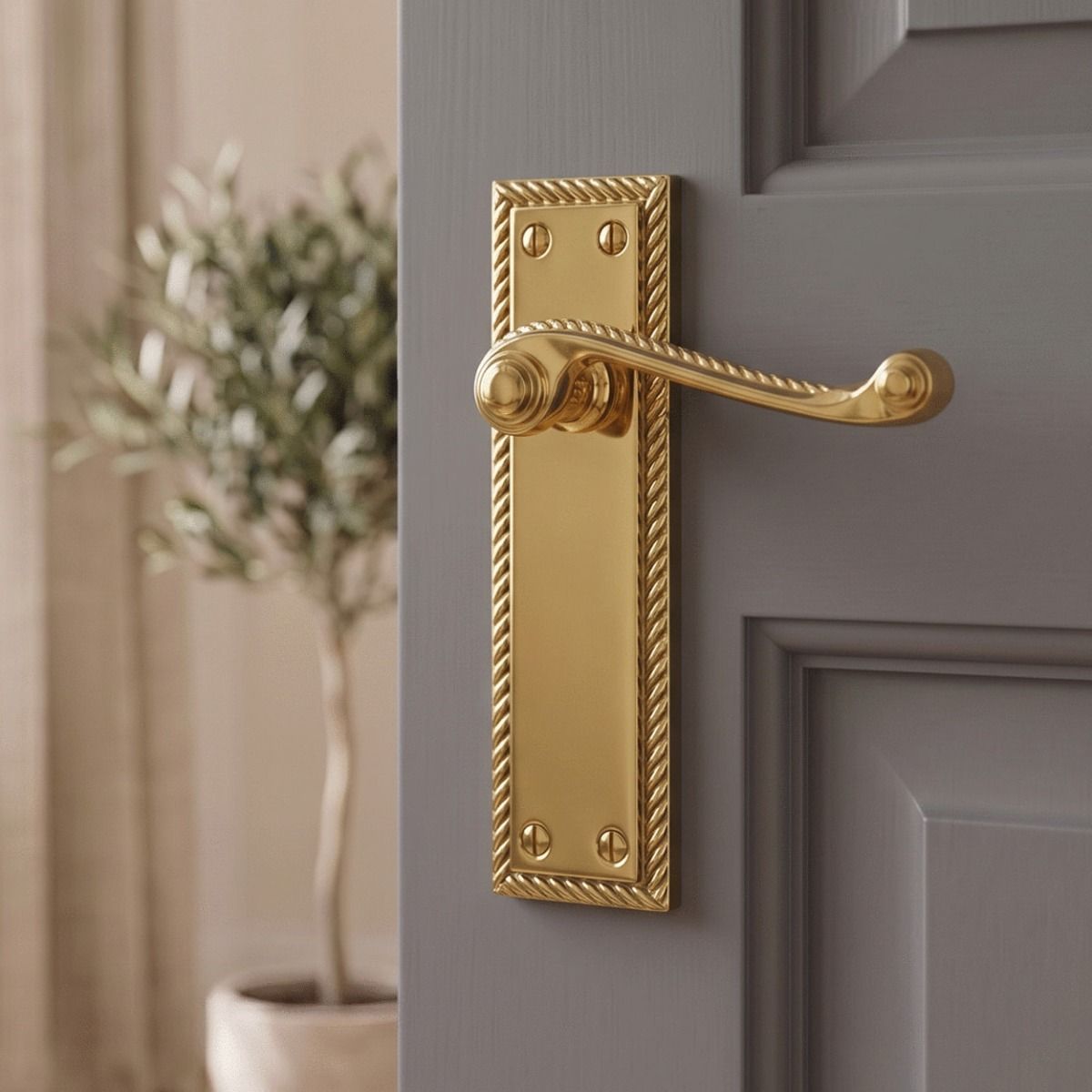 The "Saint Georgia" Lever Handle Square Plate on a Grey Door in a Modern Home - Digital Illustration