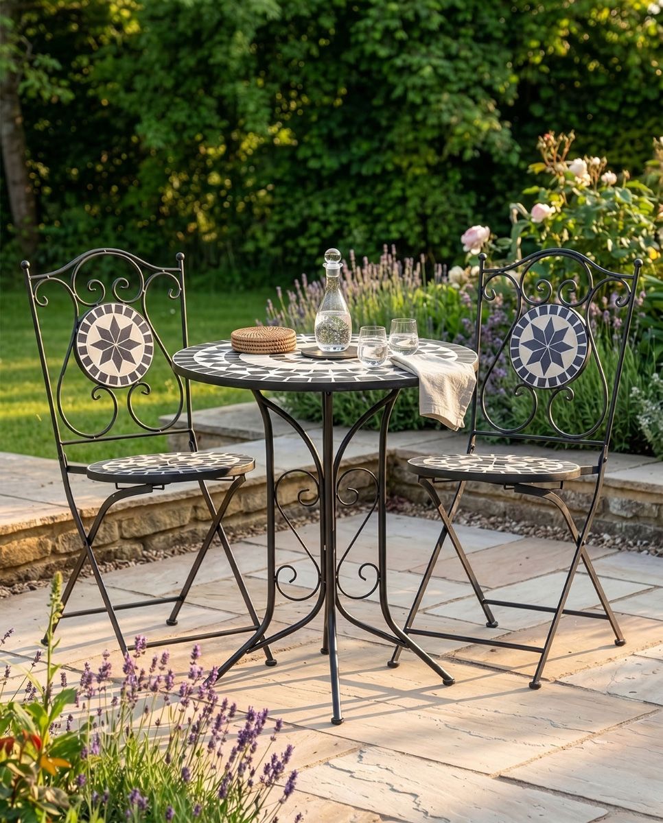 The "Santa Oliva" Foldable 2-Seater Mosaic Dining Set digital illustration dressed table