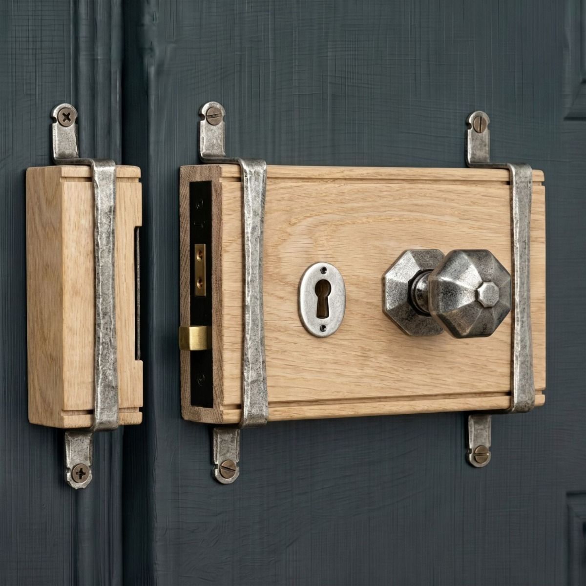 The "Sesille" Oak & Antique Pewter 5 Lever Rim Lock and Knob Set Mounted on an Entrance Door to a Traditional Home - Digital Illustration