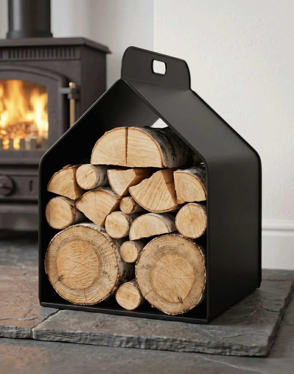 The "Southmain" Black Iron Log Carrier Shown with Logs inside next to a Lit Log Burner Stove - Digital Illustration