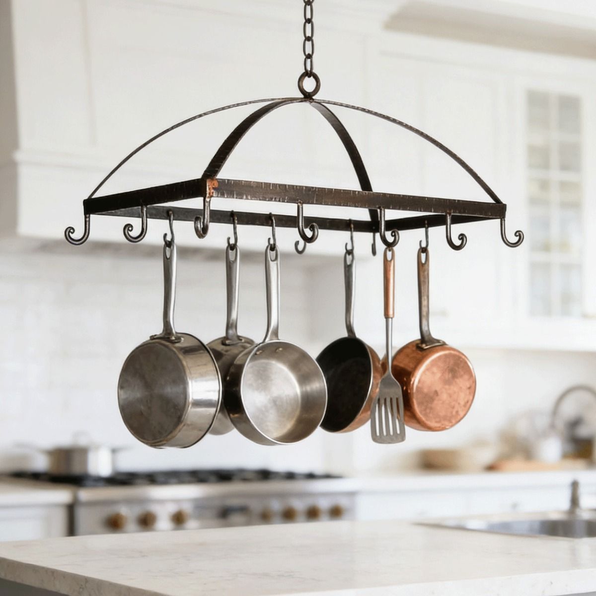 The "Stallinswood" Blacksmith Hanging kitchen Utensil or Saucepan Rack in a Modern Home Above a Kitchen Island - Digital Illustration