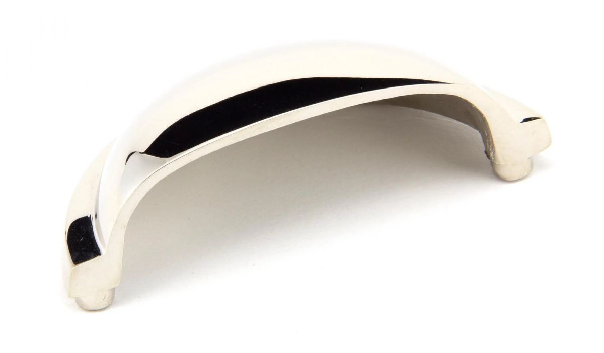 The "Stratford" Traditional Cup Handle in a Polished Nickel Finish on a White Background Shown from Underneath