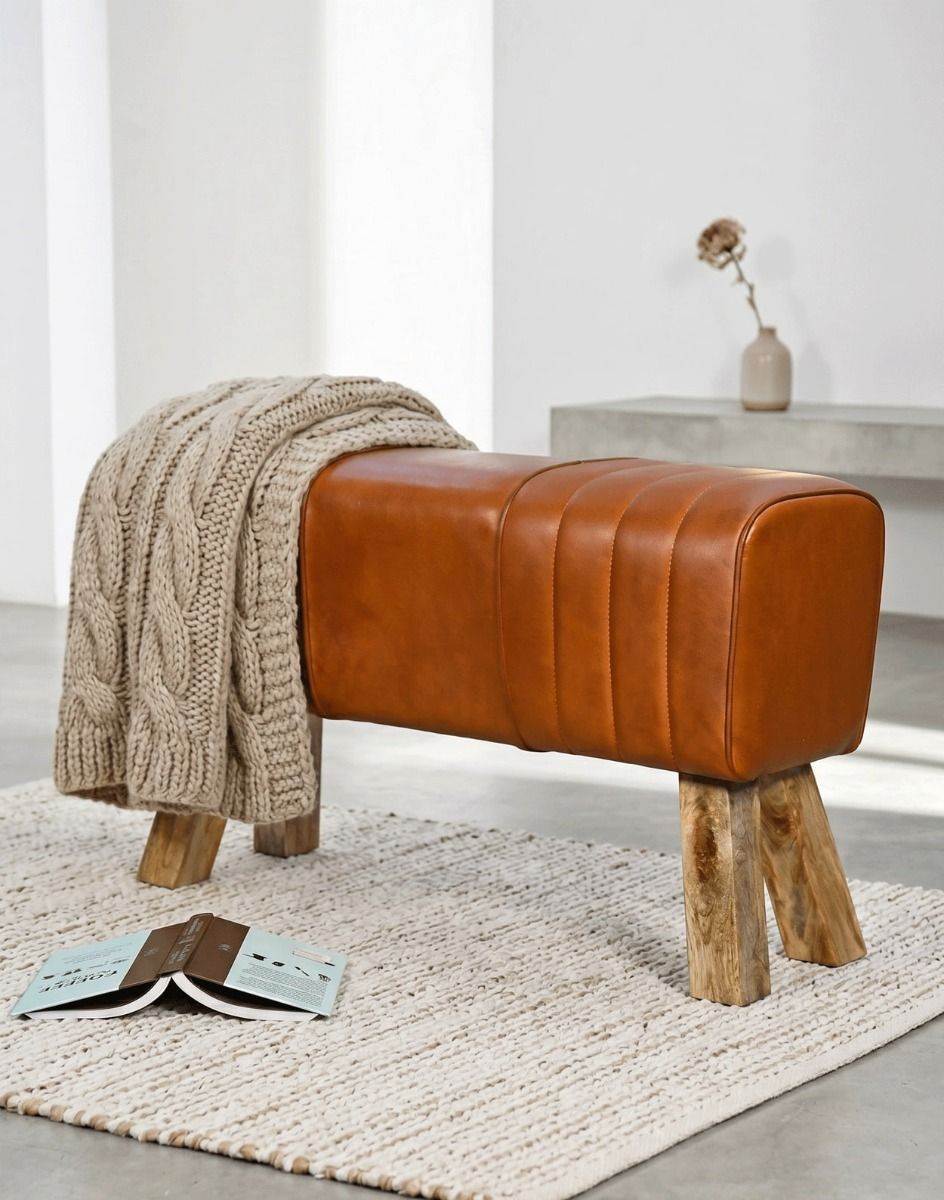 The "The Brodie" Mango Wood & Tan Leather Bench in a White Living Room Interior - Digital Illustration