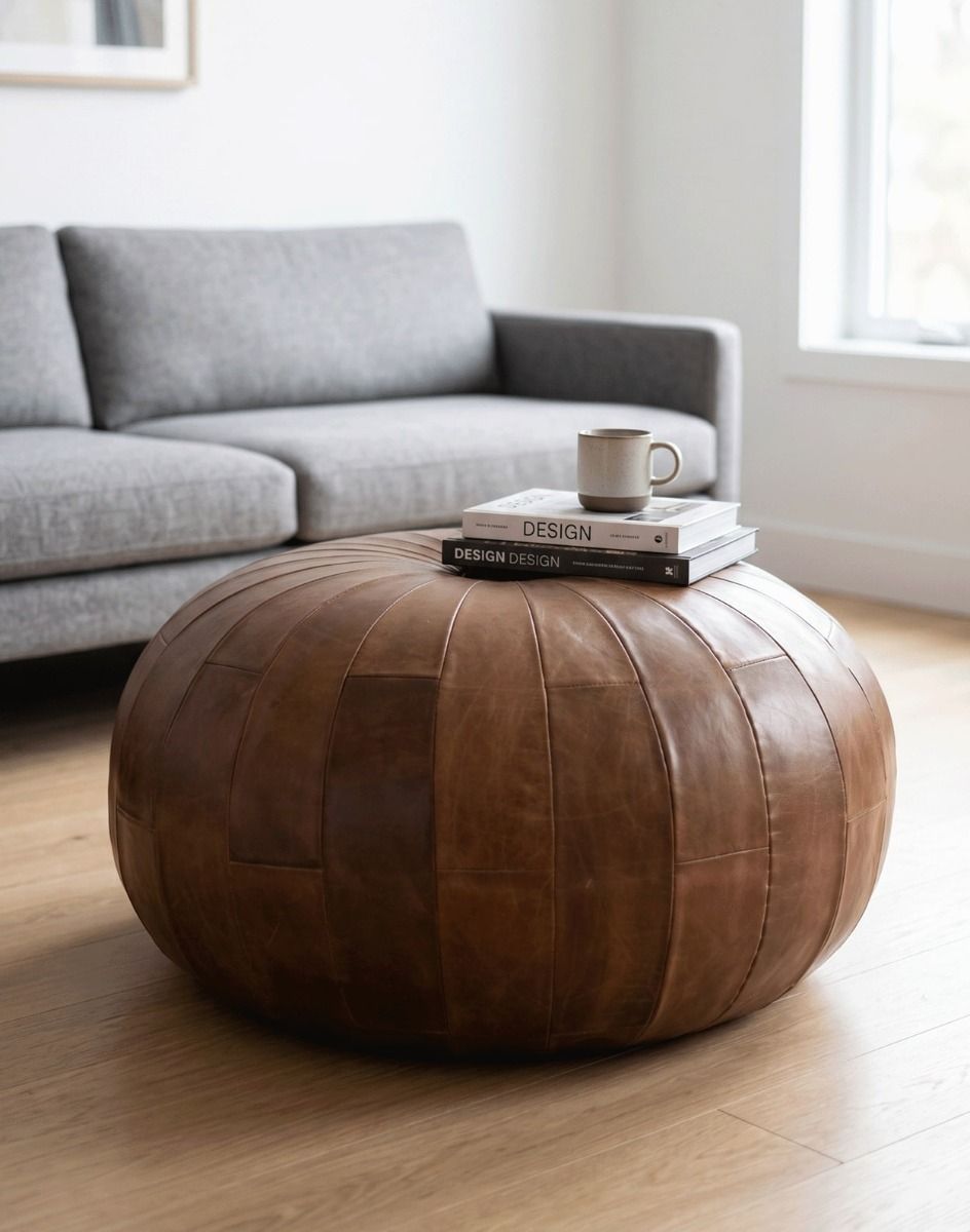 The "The Woodstock" Natural Brown Leather Round Pouffe in a White Contemporary Living Room - Digital Illustration