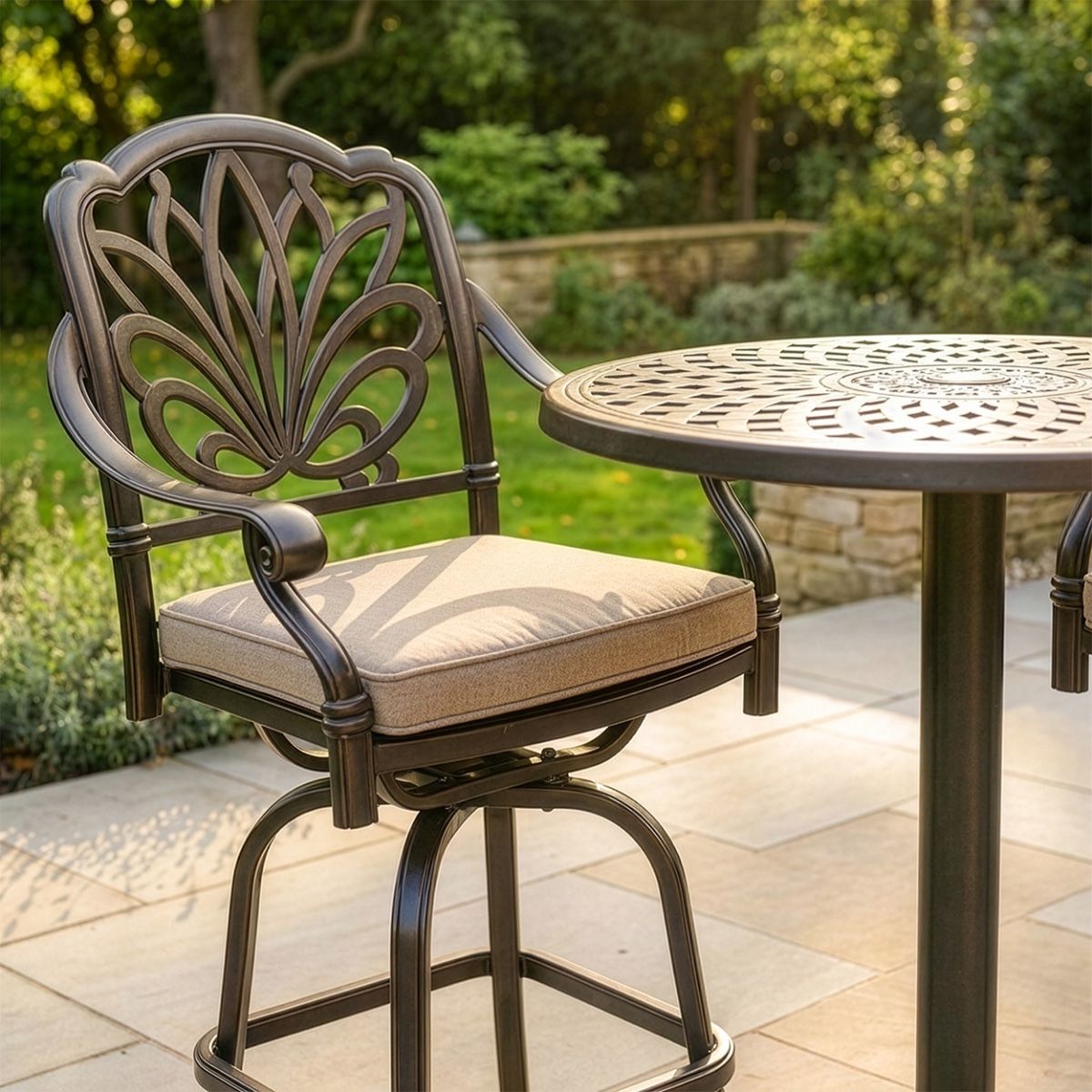 The "Thornhill" 2-Seater High Outdoor Bistro Set - Antique Copper digital illustration chair close up