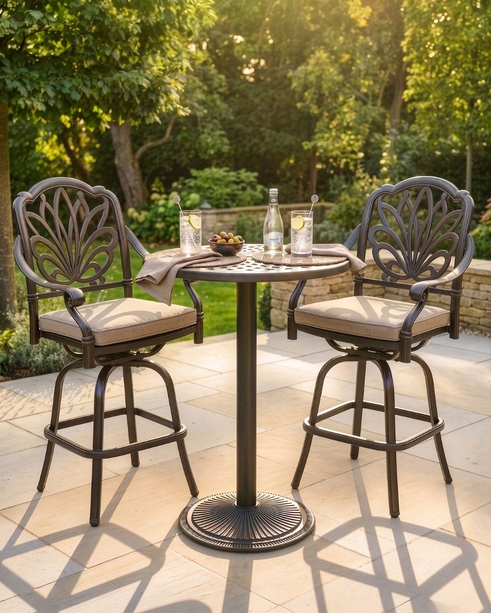 The "Thornhill" 2-Seater High Outdoor Bistro Set - Antique Copper digital illustration dressed table