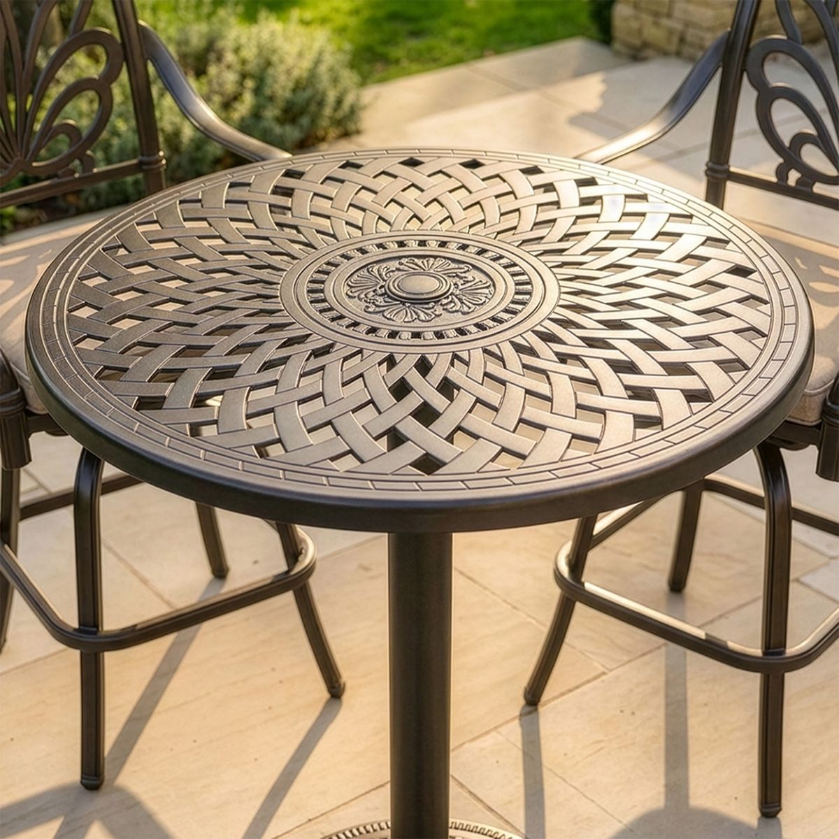 The "Thornhill" 2-Seater High Outdoor Bistro Set - Antique Copper digital illustration table close up