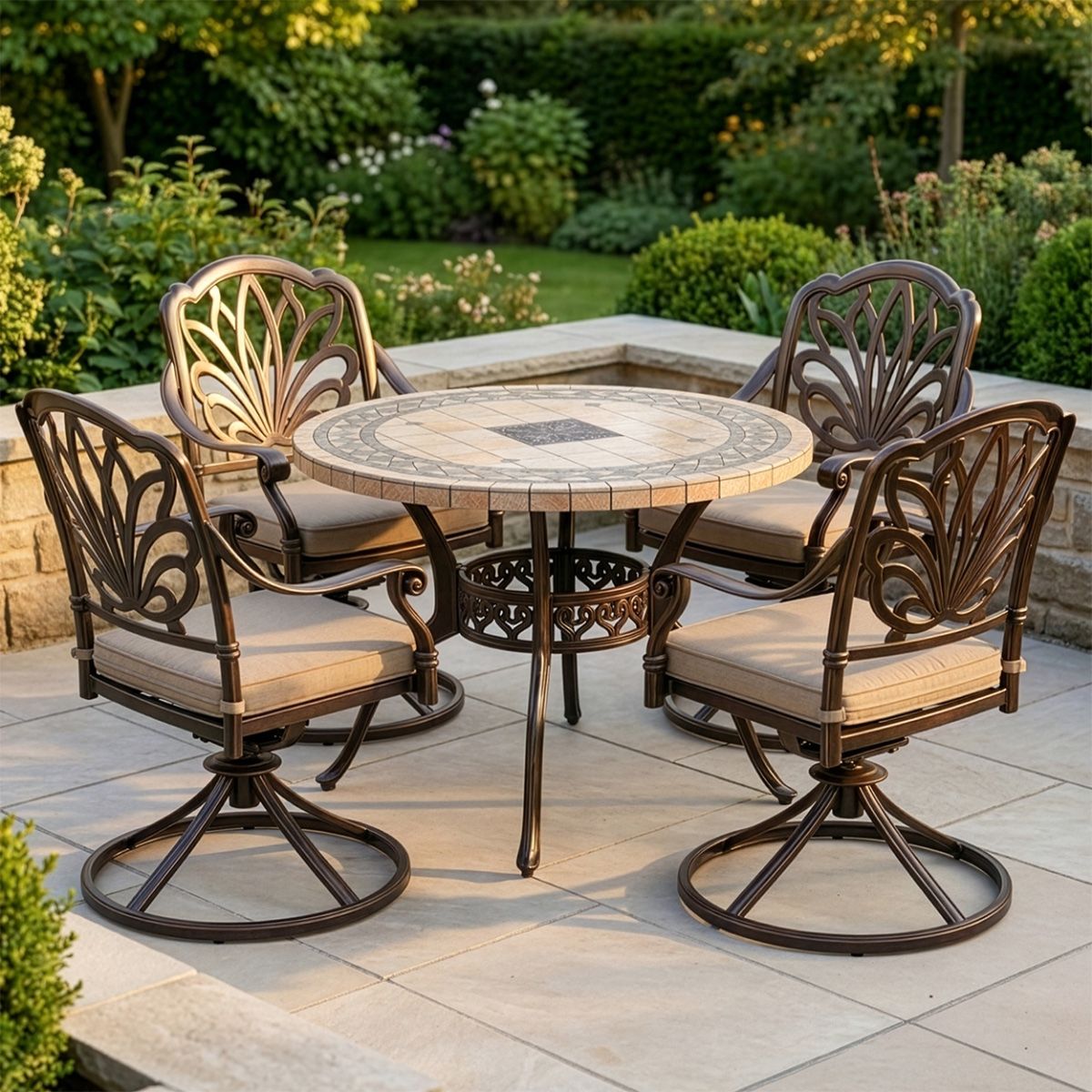 The "Tredian" 4-Seater Mosaic Garden Dining Set - Intricate Bronze digital illustration