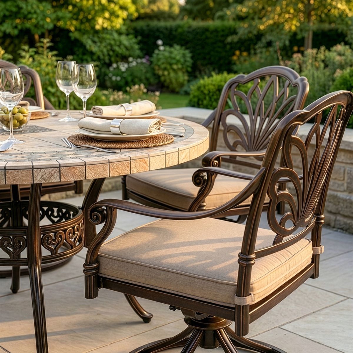 The "Tredian" 4-Seater Mosaic Garden Dining Set - Intricate Bronze digital illustration close up of the chair
