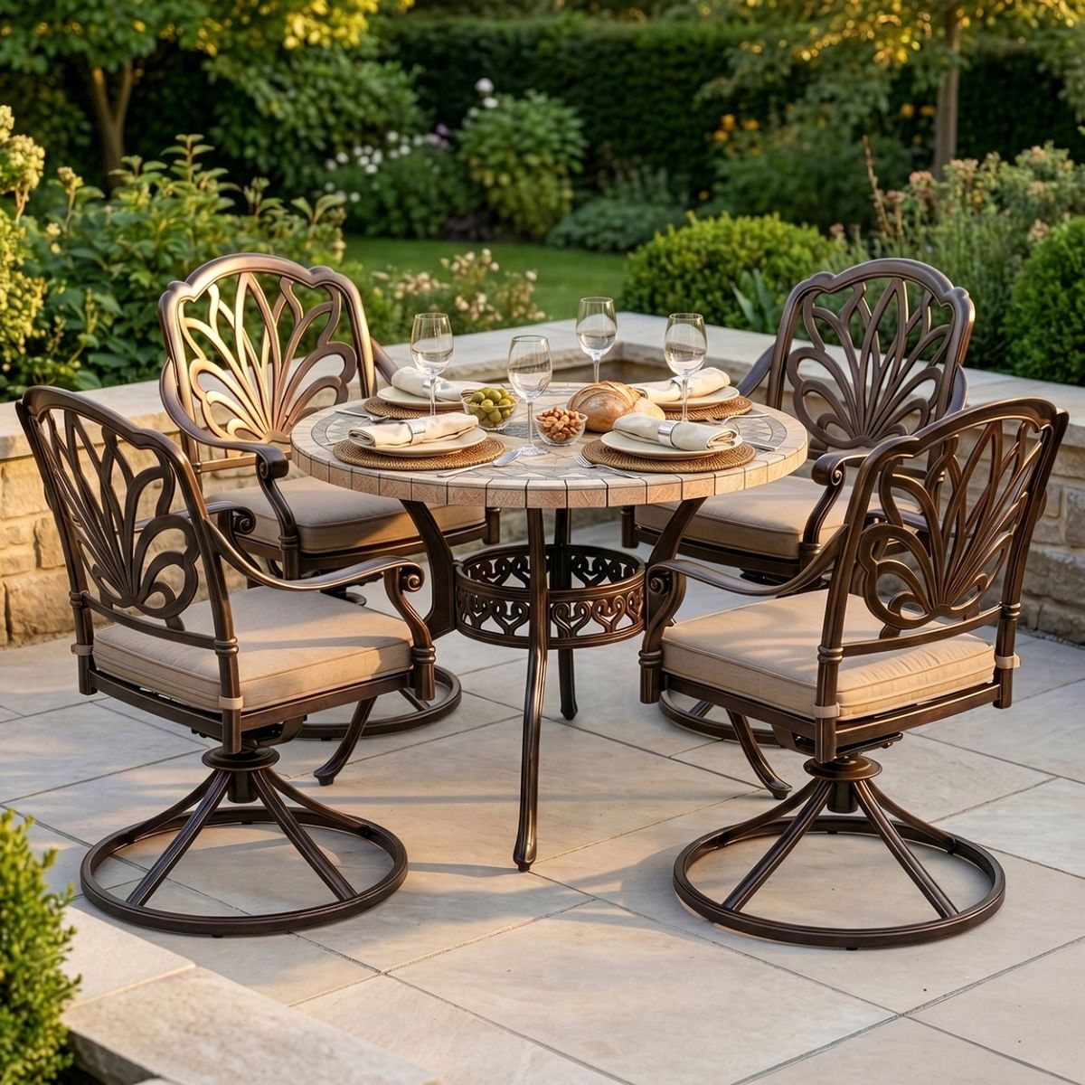 The "Tredian" 4-Seater Mosaic Garden Dining Set - Intricate Bronze digital illustration dressed table